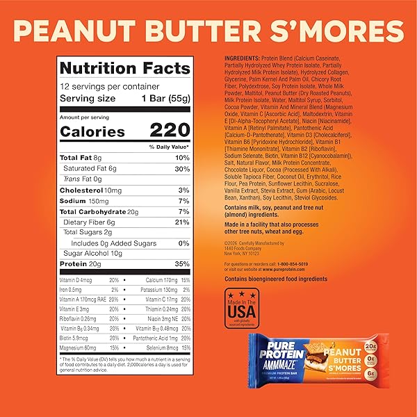 PURE PROTEIN AMMMAZE PEANUT BUTTER S’MORES BARS, 20G PROTEIN, 6G FIBER, 5G NET CARBS, NO ADDED SUGAR, HIGH PROTEIN SNACK, 12 COUNT – MEAL REPLACEMENT BAR FOR ON-THE-GO