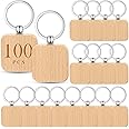 Yinkin Wooden Keychain Blanks Laser Engraving Blanks Square Wood Blanks Key Chain Bulk Unfinished Wooden Key Ring Key Tag for DIY Gift Crafts (100 Pieces)