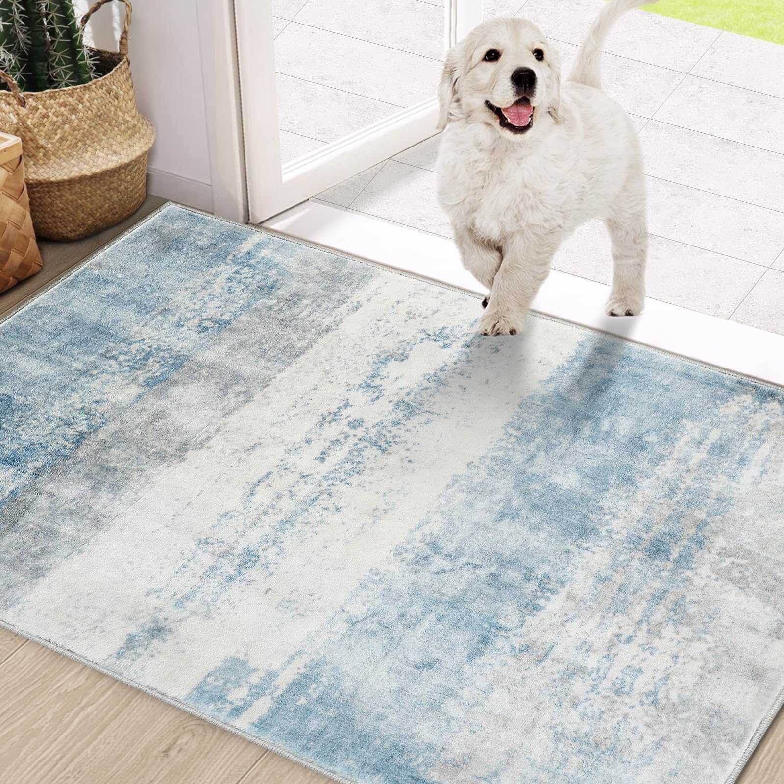 Photo 1 of COMSLE Door Mat, Front Door Rug Indoor for Entrance Faux Wool Absorbent Non Slip Modern Throw Rug for Entryway Hallway Muddy Paws - Pet Friendly, 32x48 Inches,Milk Blue Machine Washable