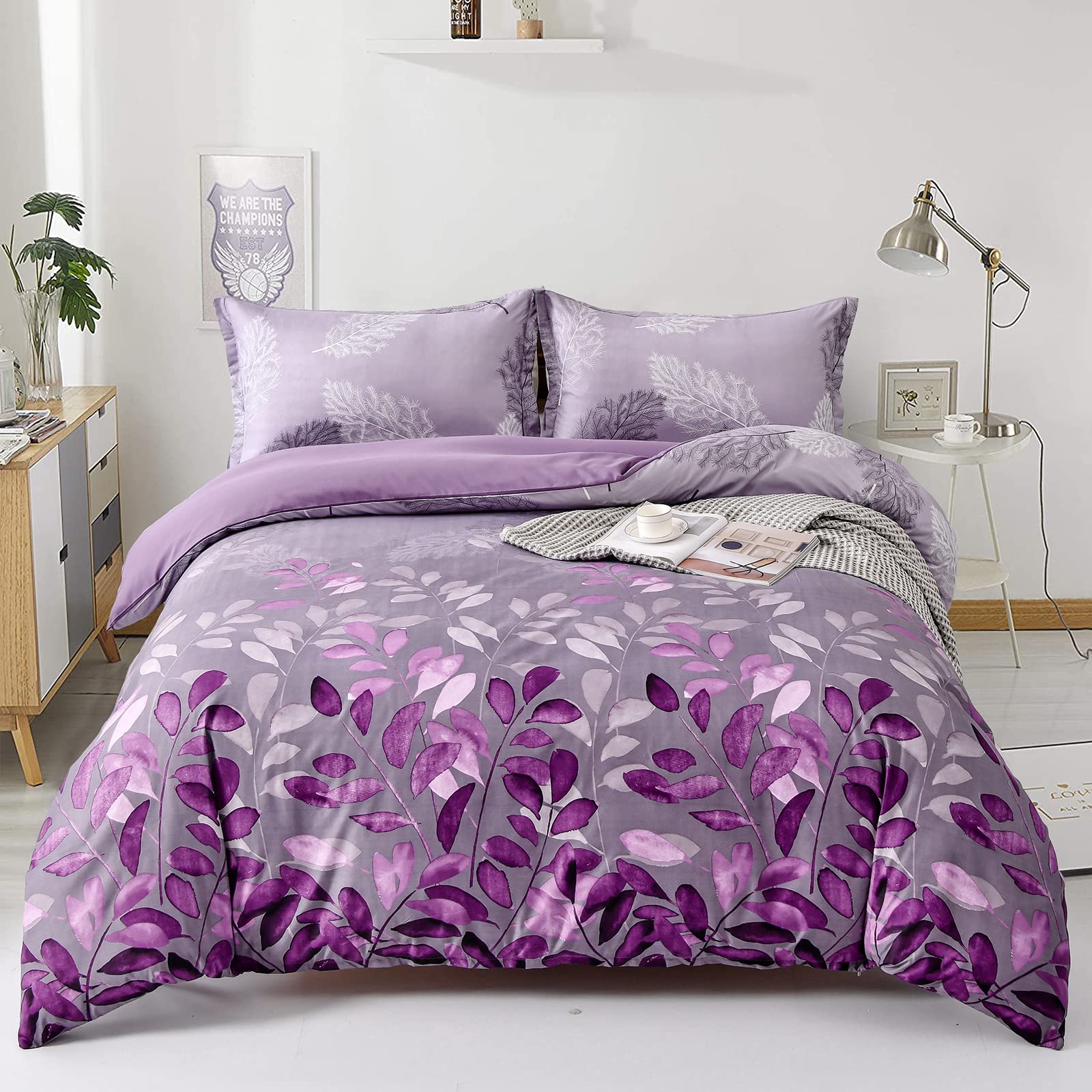 DJY Purple Duvet Cover Double Purple Floral Bedding Set, Reversible Lightweight Leaves Bedding Sets 3pcs with Zipper Closure (Double, 200x200cm) — image 1