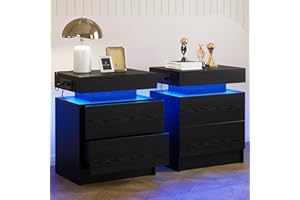 LIKIMIO Night Stand Set of 2, Modern Black Nightstand with with Charging Station, Bedside Tables with LED Light and Drawers, End Table for Bedroom