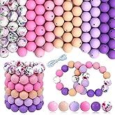 WNSIRVY 120 Pcs 15mm Silicone Beads for Keychain Making Bracelets Pink Purple Printed 6 Mixed Colors Silicone Round Beads Bulk for Crafts Pens Making