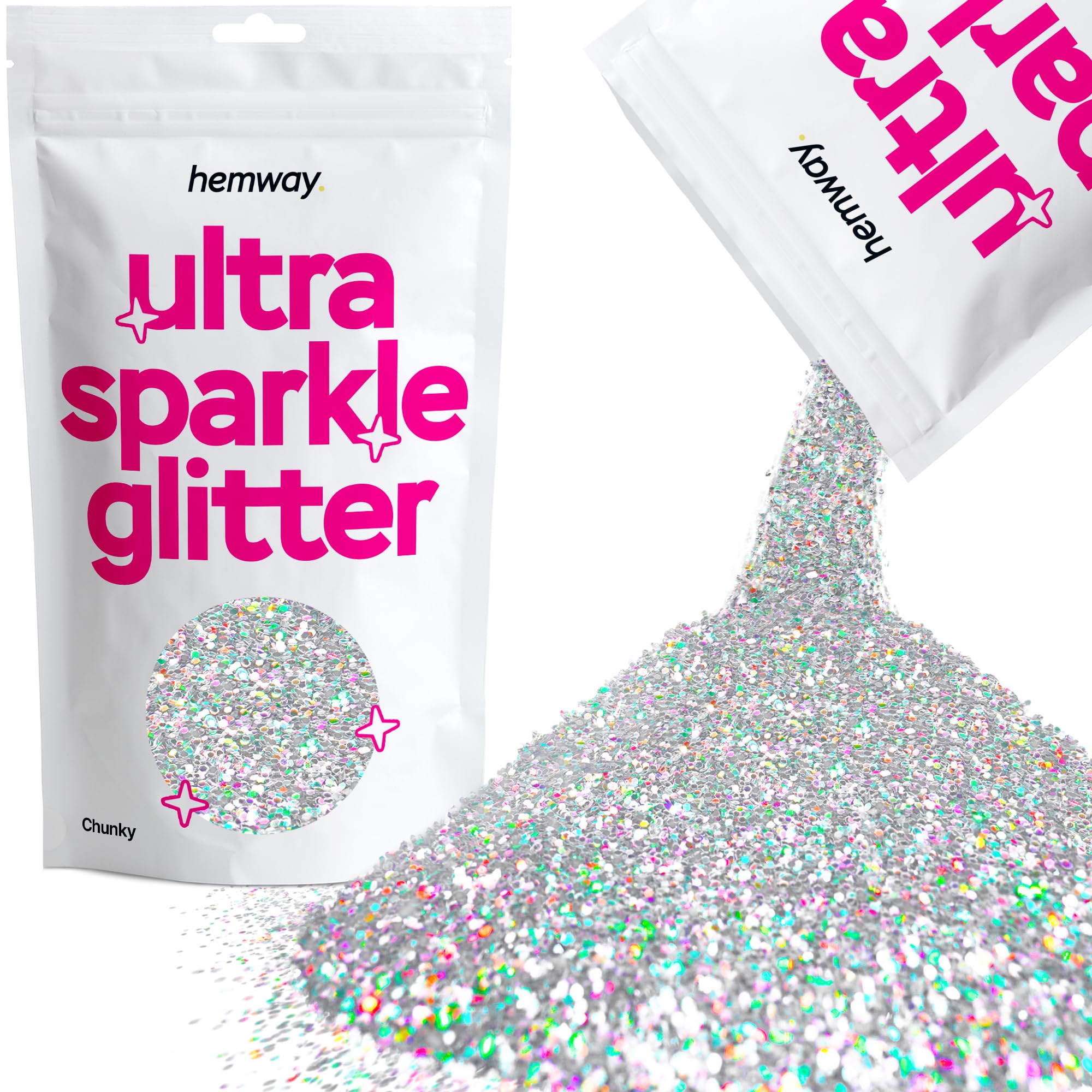 Hemway Ultra Sparkle Glitter Silver Holographic 100g Chunky | Glitter for Arts & Craft, Makeup, Nail Art, Crafting, Card Making, Sparkle Decoration
