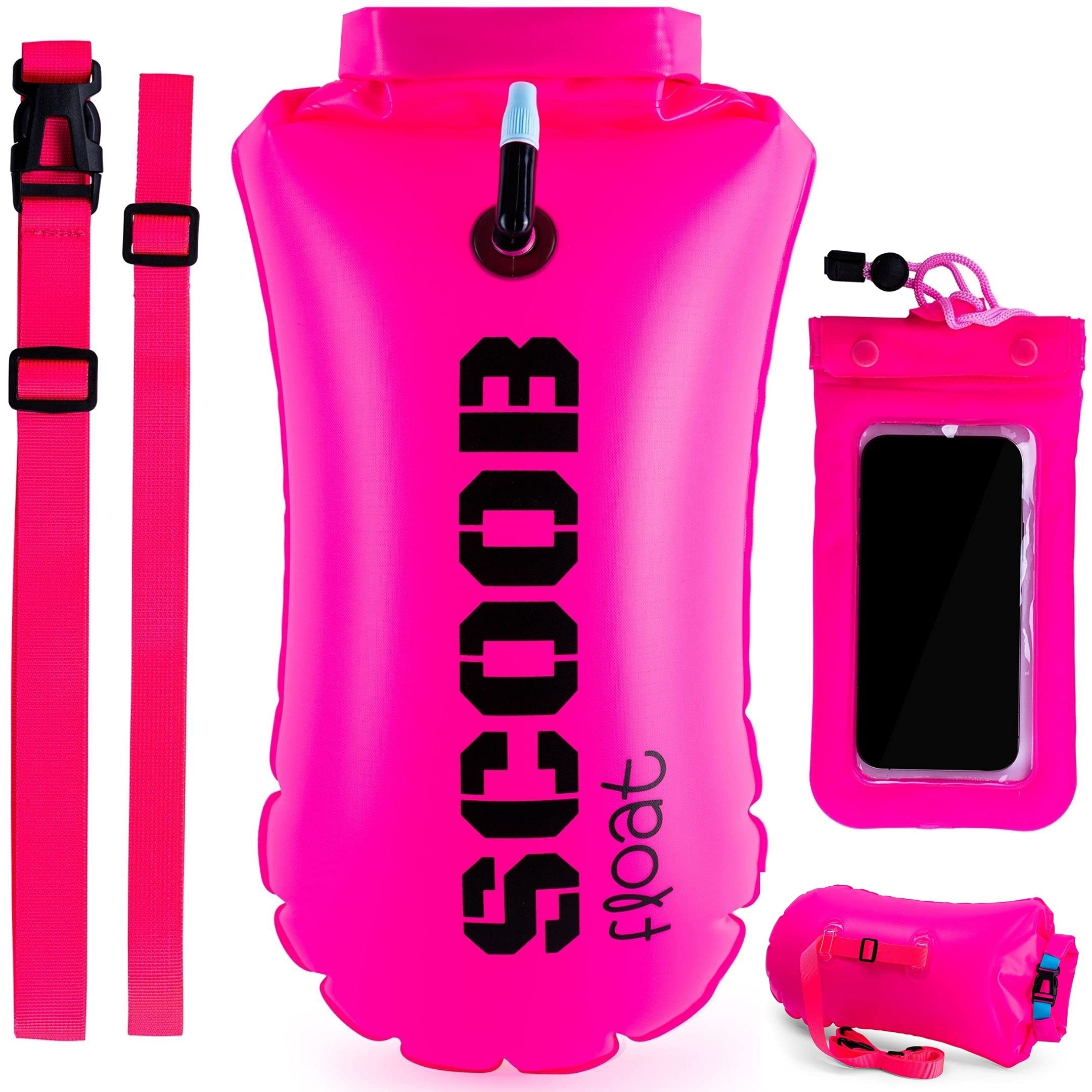 Swim Storage Buoy Tow Float Outdoor for Open Water Swimming by SCOOB + waterproof mobile phone case. Pink Lightweight & Visible Bag for Swimmers Triathlon Surfers Adults Kids Bright for Safe Training
