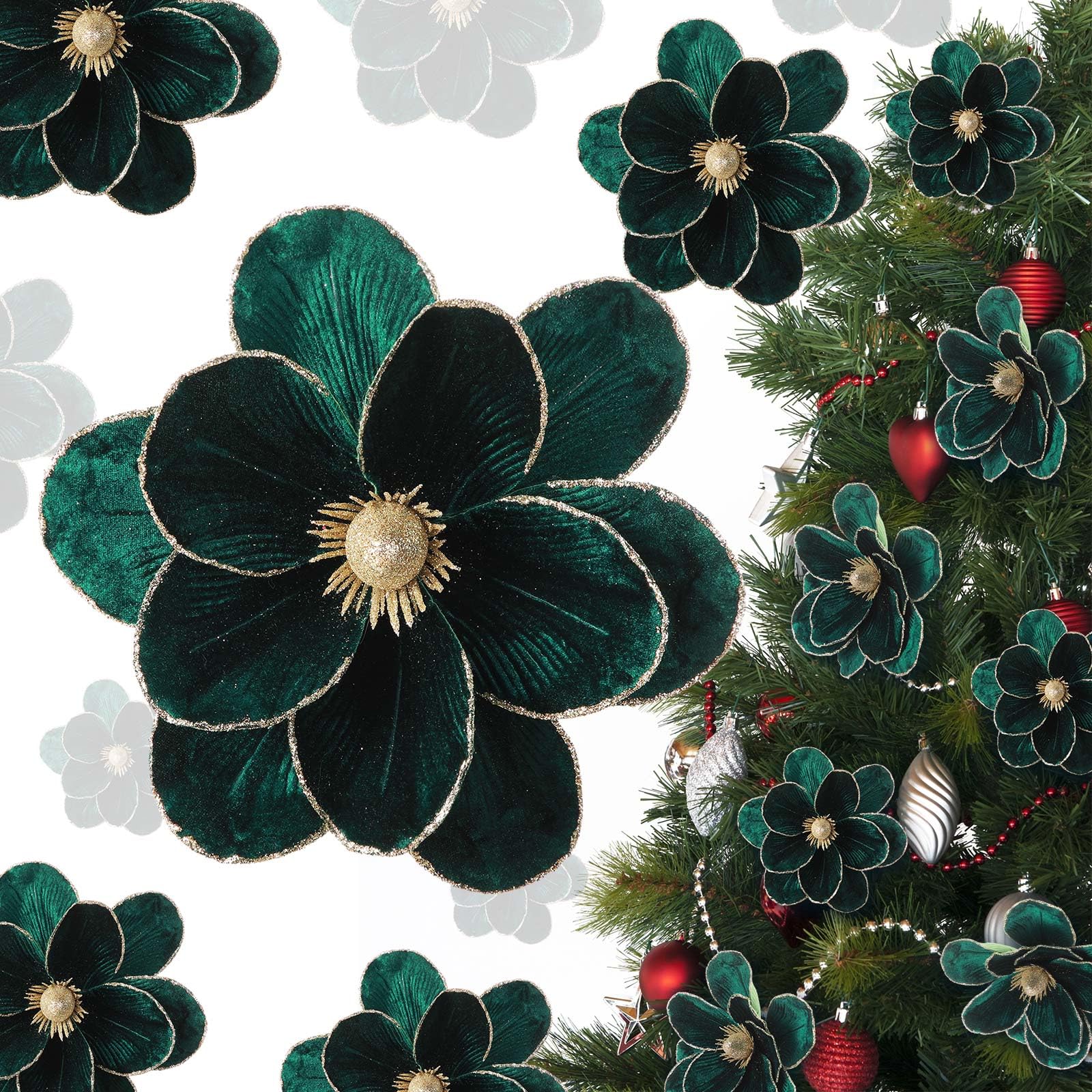 Photo 1 of Craftsatin 12 Pcs Christmas Velvet Poinsettia Burgundy Magnolia Flowers Ornaments Glitter Large Heads Artificial Magnolia Flowers for Christmas Tree Decorations Wedding Decor Supplies (Dark Green)