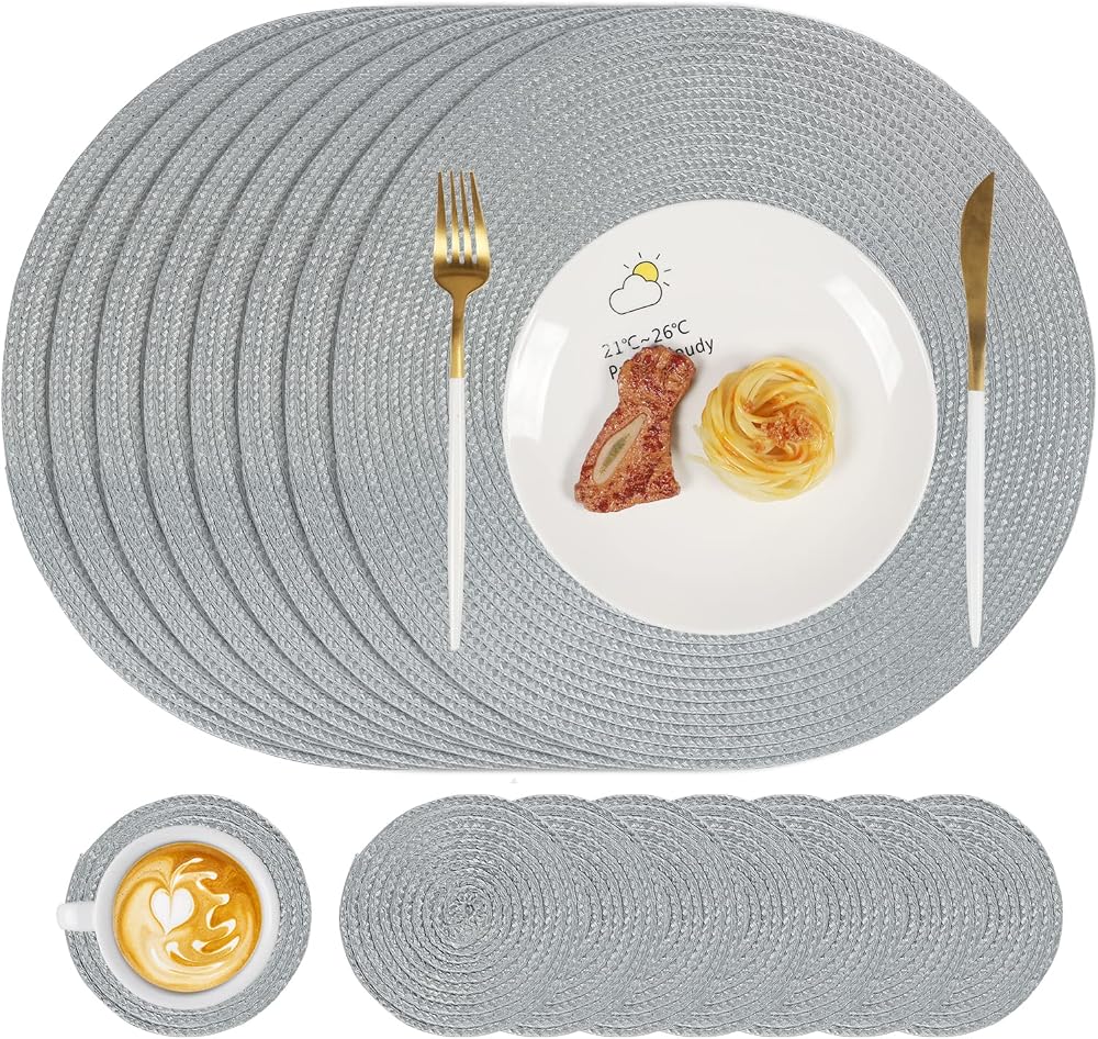 Famibay Round Placemats and Coasters Set of 8 34cm 10cm Grey