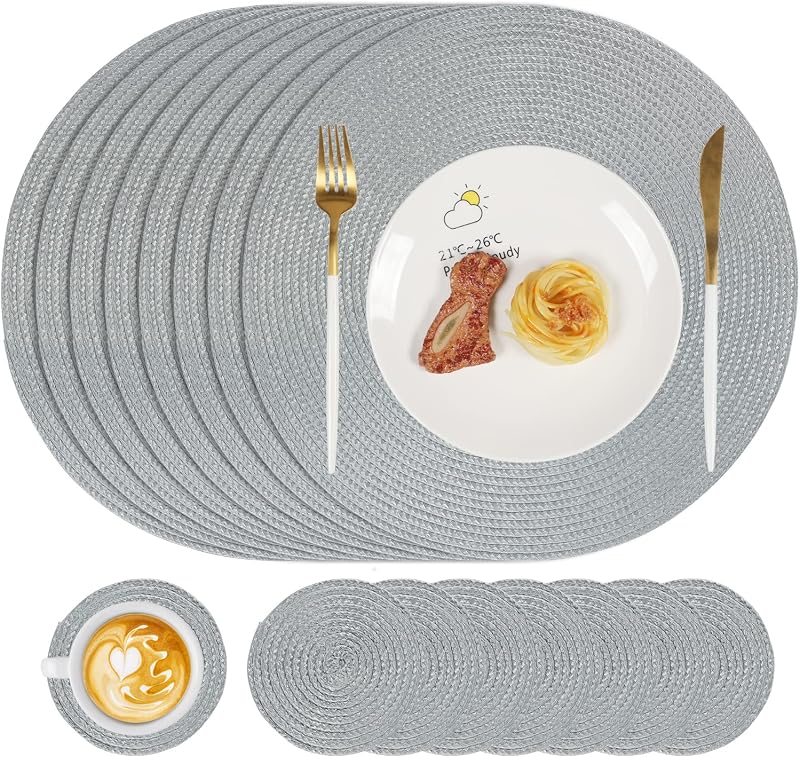 Famibay Round Placemats and Coasters Set of 8 34cm 10cm Grey