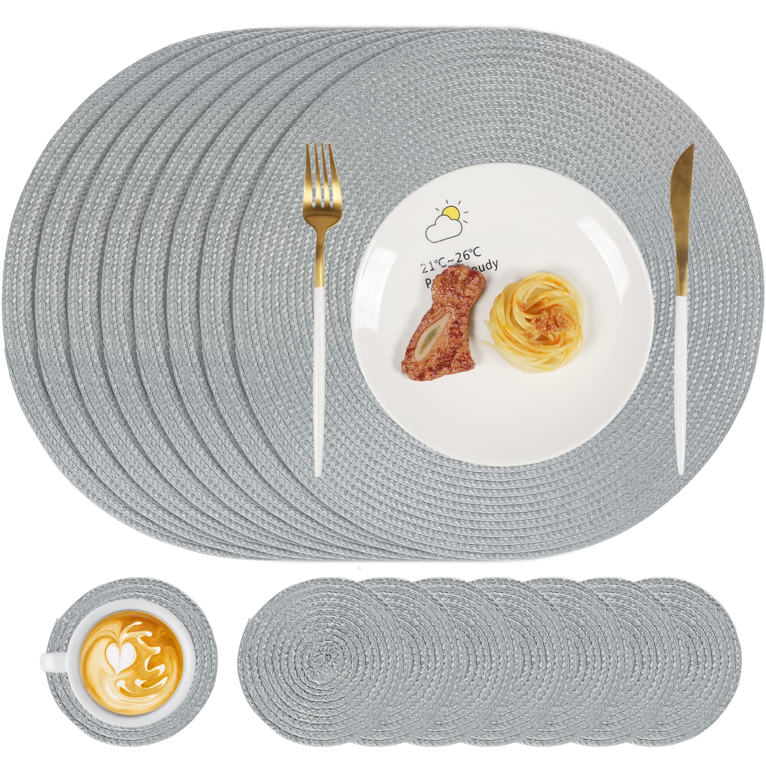 Famibay Placemats and Coasters Set of 8 Round Woven Placemats Washable Heat Resistant Place Mats Grey Table Mats and Coasters for Kitchen Dining Table
