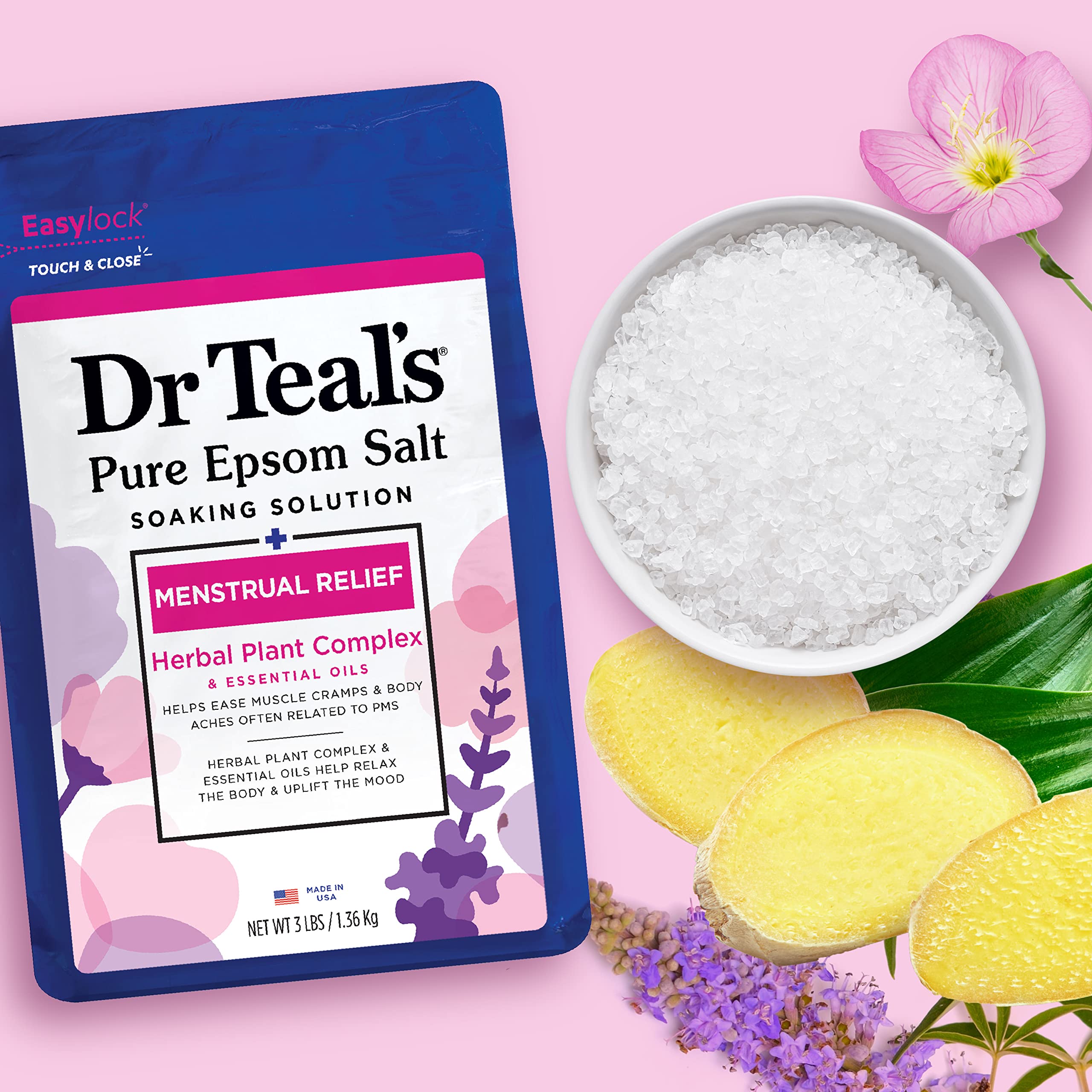 Dr Teal's Pure Epsom Magnesium Salt Soaking Solution, Menstrual Relief with Herbal Plant Complex & Essential Oils 3 lbs (Pack of 4)