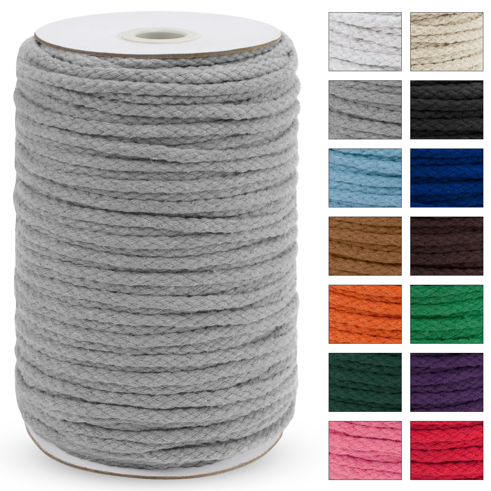 Uiopa Macrame Cord 5mm x 90m, Thick Macrame Rope 8-Strand Braided Cotton Rope, Light Grey Cotton Cord for Plant Hangers, Wall Hanging, Dream Catcher, Garden, DIY Projects