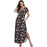 Women's Maxi Dresses Short Sleeve Floral Solid Summer Beach Dress Casual Loose V Neck Side Split Long Dress with Pockets
