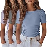 LessonZoo 3 Pack Girls Short Sleeve Shirts Summer Slim Fit Crew Neck Tops Ribbed Knit Side Ruched Tees Basic Clothes for Kids