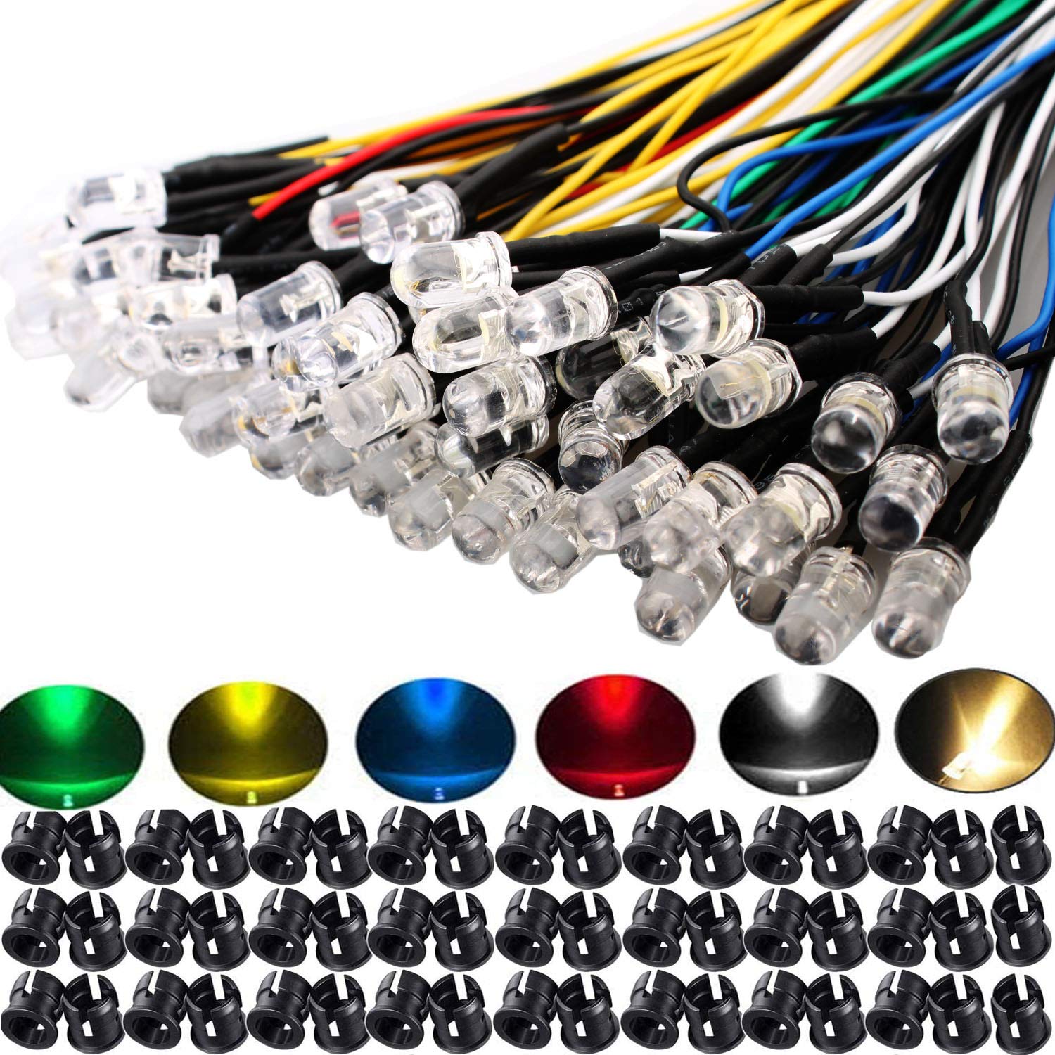 RUNCCI-YUN 60Pcs 5mm Pre Wired LED Diodes Light Ultra Bright -White Warm White Red Blue Green Yellow (10PCS X 6 Colors) + 60Pcs 5mm Plastic LED Holder