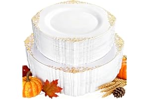 Joyido 102PCS White and Gold Plastic Plates - Heavy Duty Gold Disposable Plates Include 51PCS 7.5inch Dessert Plates, 51PCS 10.25inch Dinner Plates for Christmas & Thanksgiving Parties