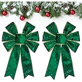 Estivaux 2 Pieces Christmas Green Velvet Bows for Wreath, Xmas Wreath Bows Winter Holiday Craft Tree Topper Bows for Front Door Christmas Party Decorations