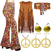 Haull 7 Pcs 60s 70s Disco Hippie Outfits for Women Halloween Costume Set Boho Flared Pants Fringe Vest Peace Sign