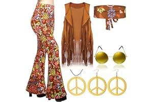 Haull 7 Pcs 60s 70s Disco Hippie Outfits for Women Halloween Costume Set Boho Flared Pants Fringe Vest Peace Sign