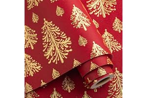 Flyhill Kraft Christmas Wrapping Paper,Red and Gold 3D Embossed Foil Christmas Trees with Woodlands Wrap Paper for Holiday, Party,Celebration, New Year (17 Inch X 32.8 Feet)