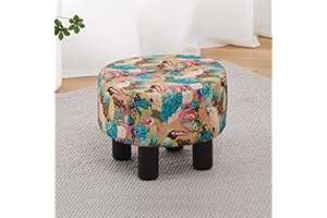 Cpintltr Linen Ottoman Round Footrest Stool Upholstered Step Stool Ottomans Sofa Stool 4 Wood Legs with Anti-Slip Pads Modern Accent Home Decor Suitable for Living Room Bedroom Entryway Peacock
