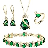 EVER FAITH Wedding Prom Four Clovers Jewelry Set for Women, Teardrop Cubic Zirconia Necklace Hoop Dangle Earrings Bracelet Open Ring Sets Anniversary Birthday Engagement Gift for Friend Lover Wife