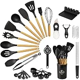 TWINBELL 39 Pcs Silicone Kitchen Cooking Utensils Set, Wood Handle &amp; Holder | Safe for nonstick cookware. BPA-free, 446&deg;F heat resistant. Includes holder, hooks, measuring set, gadgets &amp; tools