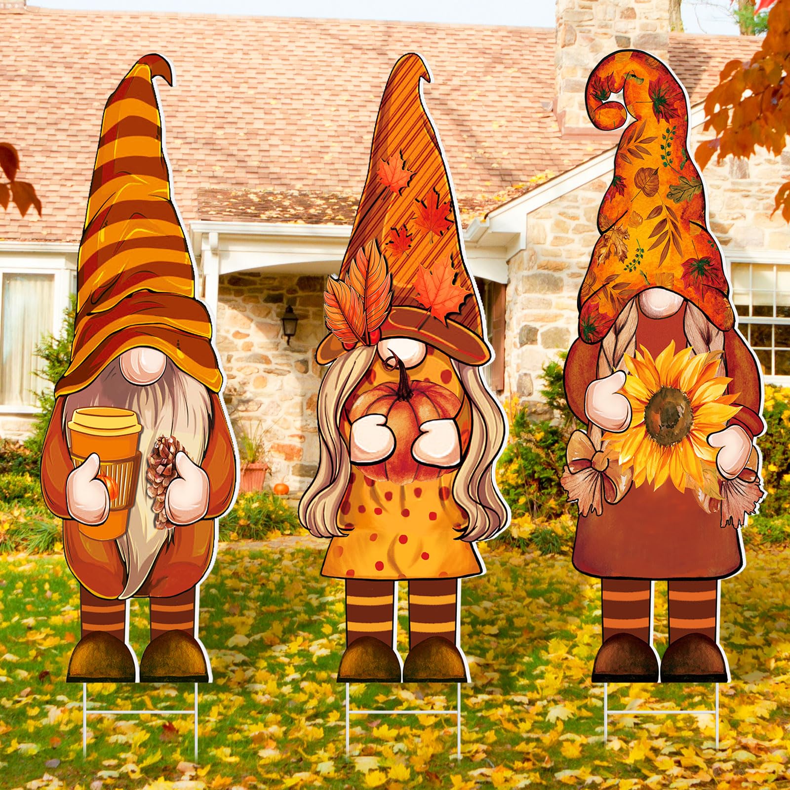 Photo 1 of Umigy 3 Pcs Fall Yard Decor Cute Autumn Gnome Yard Sign with Stakes 32 x 10 Inch Gnome Outdoor Lawn Sign, Outside Fall Garden Decoration for Home Pathway Walkway(Pumpkin)