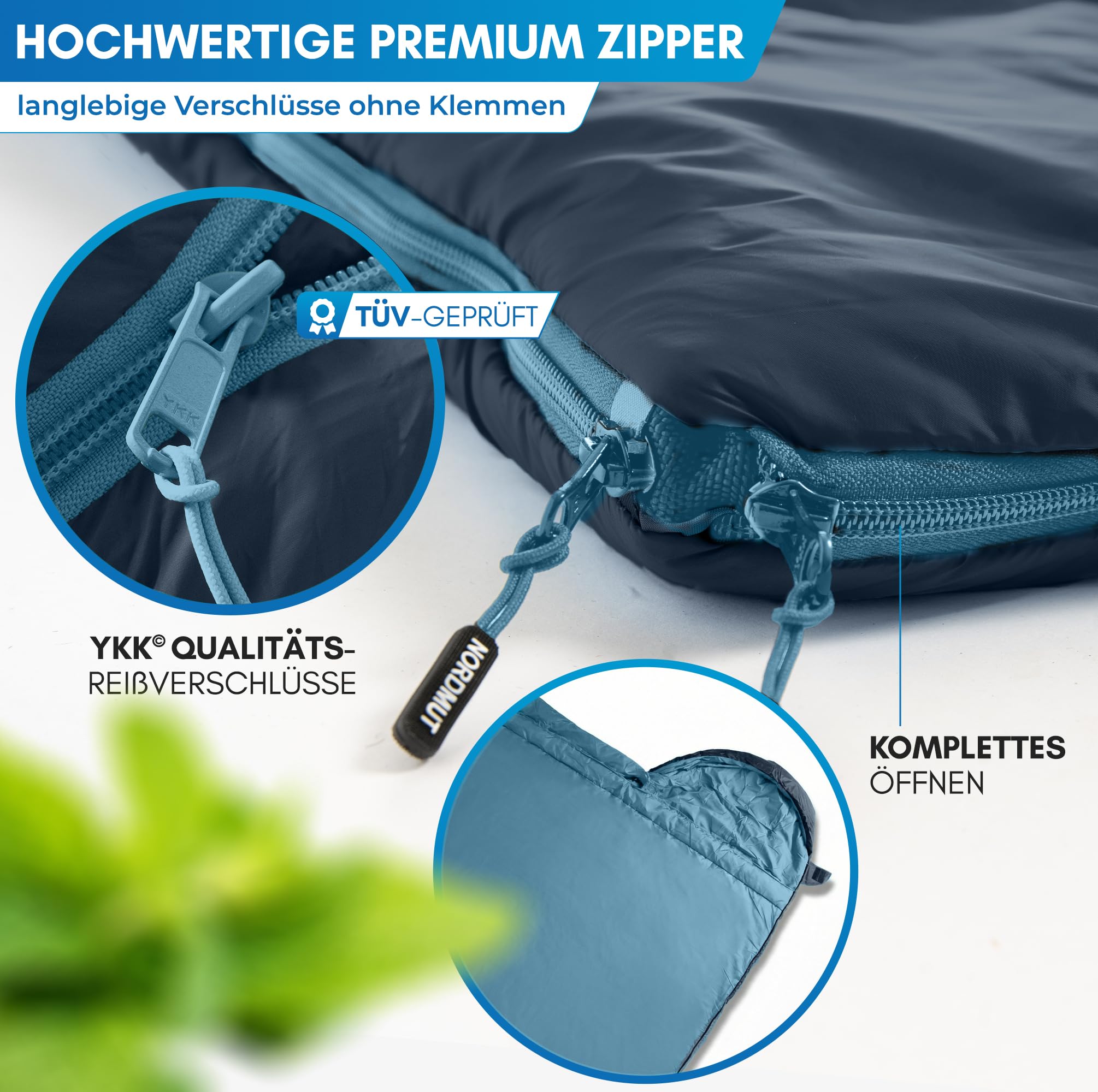 NORDMUT® Deckenschlafsack Erwachsene mit Zwei-Wege YKK-Reißverschluss – kleines Packmaß & Ultraleicht 1600g – 3-Jahreszeiten (250 GSM) – Schlafsack für Camping, Outdoor & Festivals (Marine) 3