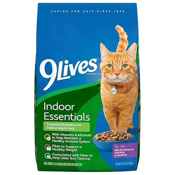 9LIVES INDOOR ESSENTIALS DRY CAT FOOD FOR ADULT CATS WITH CHICKEN & SALMON FLAVORS, 3.15 LB. BAG (PACK OF 4)