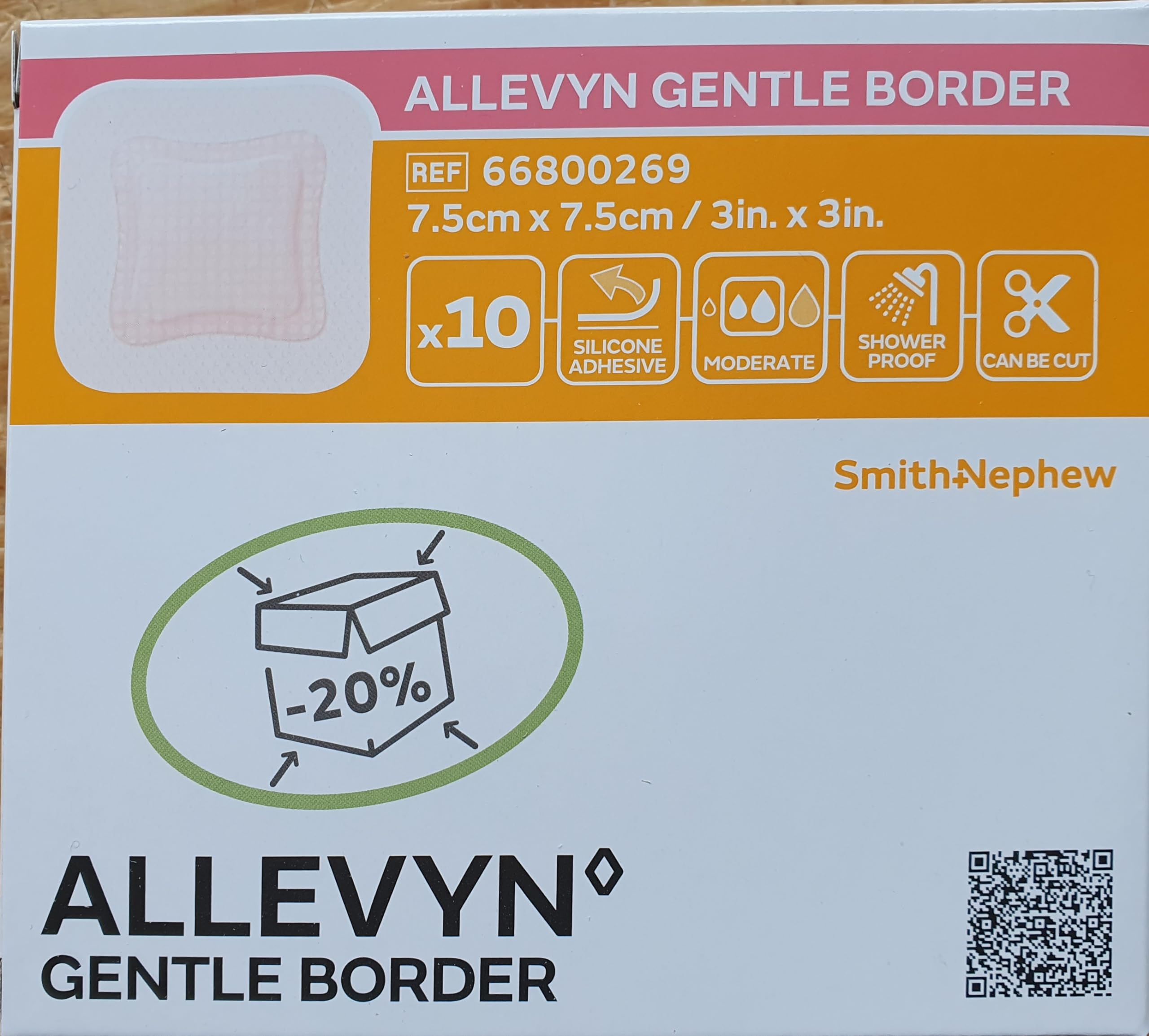 ALLEVYN GENTLE BORDER, Adhesive Foam Border Dressing, 7.5 CM X 7.5CM, Pack of 10