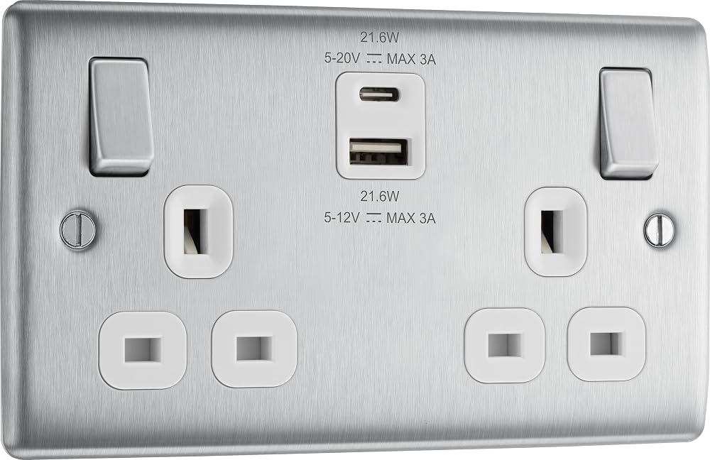 BG Electrical 22W Double USB Socket Nexus Brushed Steel White Inserts 13A