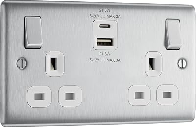 BG Electrical 22W Double USB Socket Nexus Brushed Steel White Inserts 13A