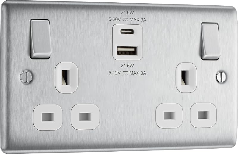 BG Electrical 22W Double USB Socket Nexus Brushed Steel White Inserts 13A