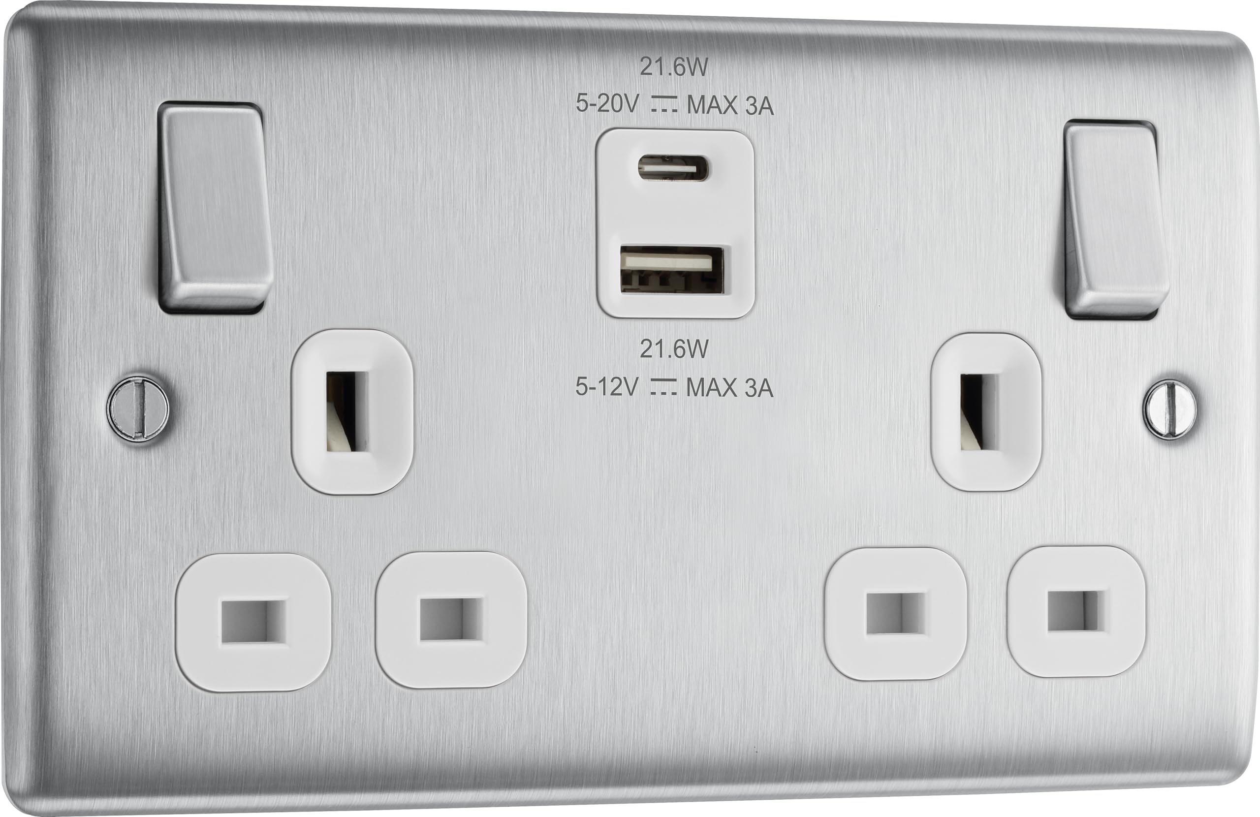 BG Electrical 22W Double Switched Wall Plug Socket with Fast Charge Type A & C USB Charging Ports, Nexus Metal, Brushed Steel, White Inserts, 13A, NBS22UAC22W
