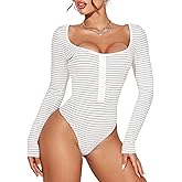 MD FootThera Striped Long Sleeve Bodysuit Thong for Women, Square Neck Slim Fit Black & White Striped Bodysuit Going Out Top