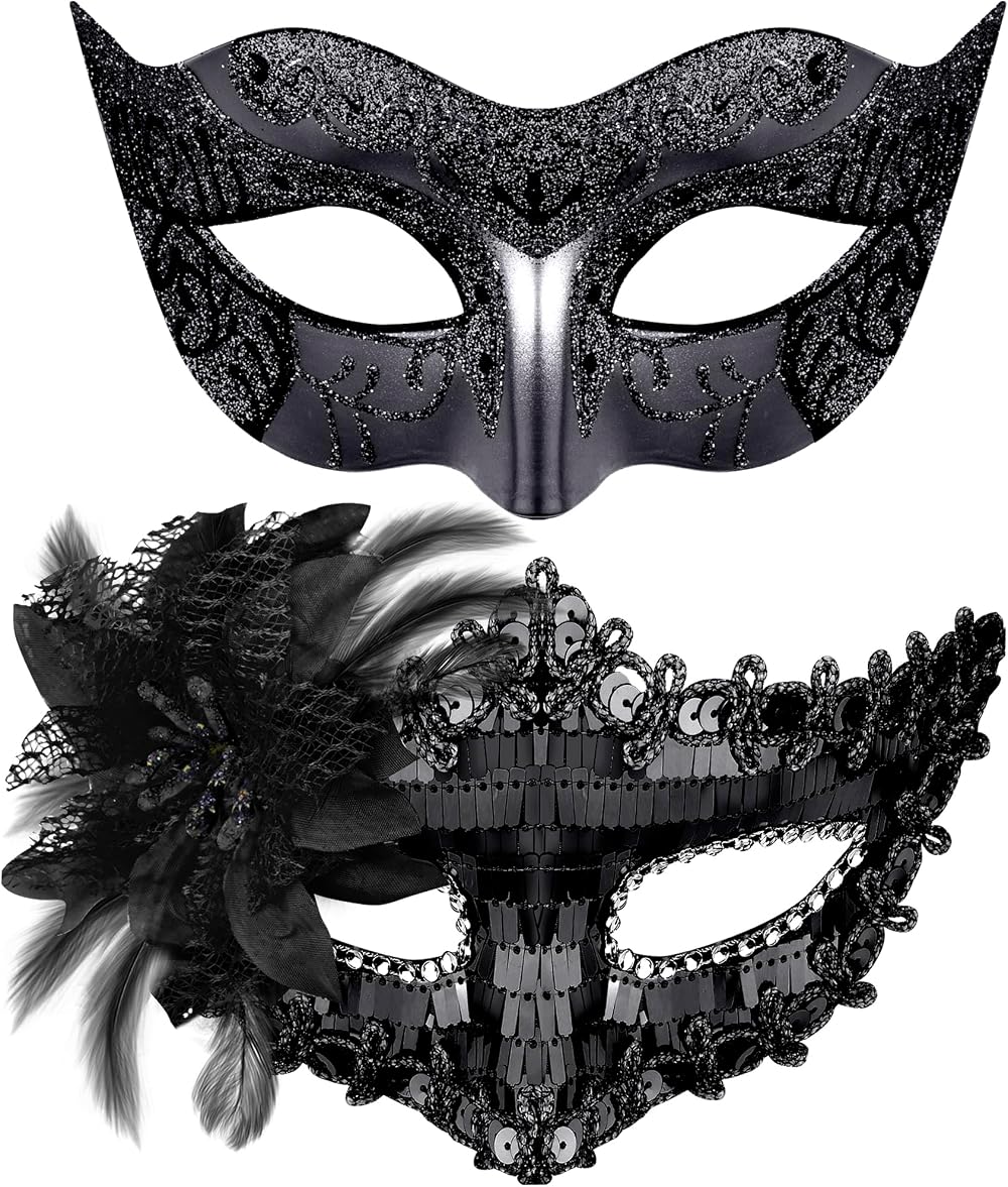 SIQUK Couple Masquerade Masks Black Venetian Party Plastic Rhinestone Halloween