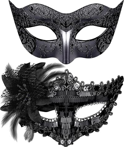 SIQUK Couple Masquerade Masks Black Venetian Party Plastic Rhinestone Halloween