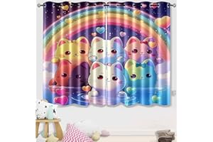 Jiospet Rainbow Cat Curtains - Rainbow Cat Blackout Curtains for Girls Room Cartoon Rainbow Cat Drapes for Kids Bedroom Kawaii Cat Window Curtain Decor, 2 Panel Sets, 82''×63''