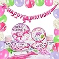 WERNNSAI Pink Dinosaur Birthday Decorations - 137 PCS Girl Dinosaur Party Decorations for Kids Party Banners Balloons Plates Cups Napkins Tablecloth Cutlery Bags Tableware Set Serves 16 Guests