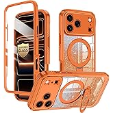 v-Golvin for iPhone 17 Pro Max Case,[Magnetic Stand][Fit for MagSafe][Glitter Card][Built-in 9H+ Screen Protector] Military-Grade Drop Proof Shiny Cover for Apple iPhone 17 Pro Max,Cosmic Orange