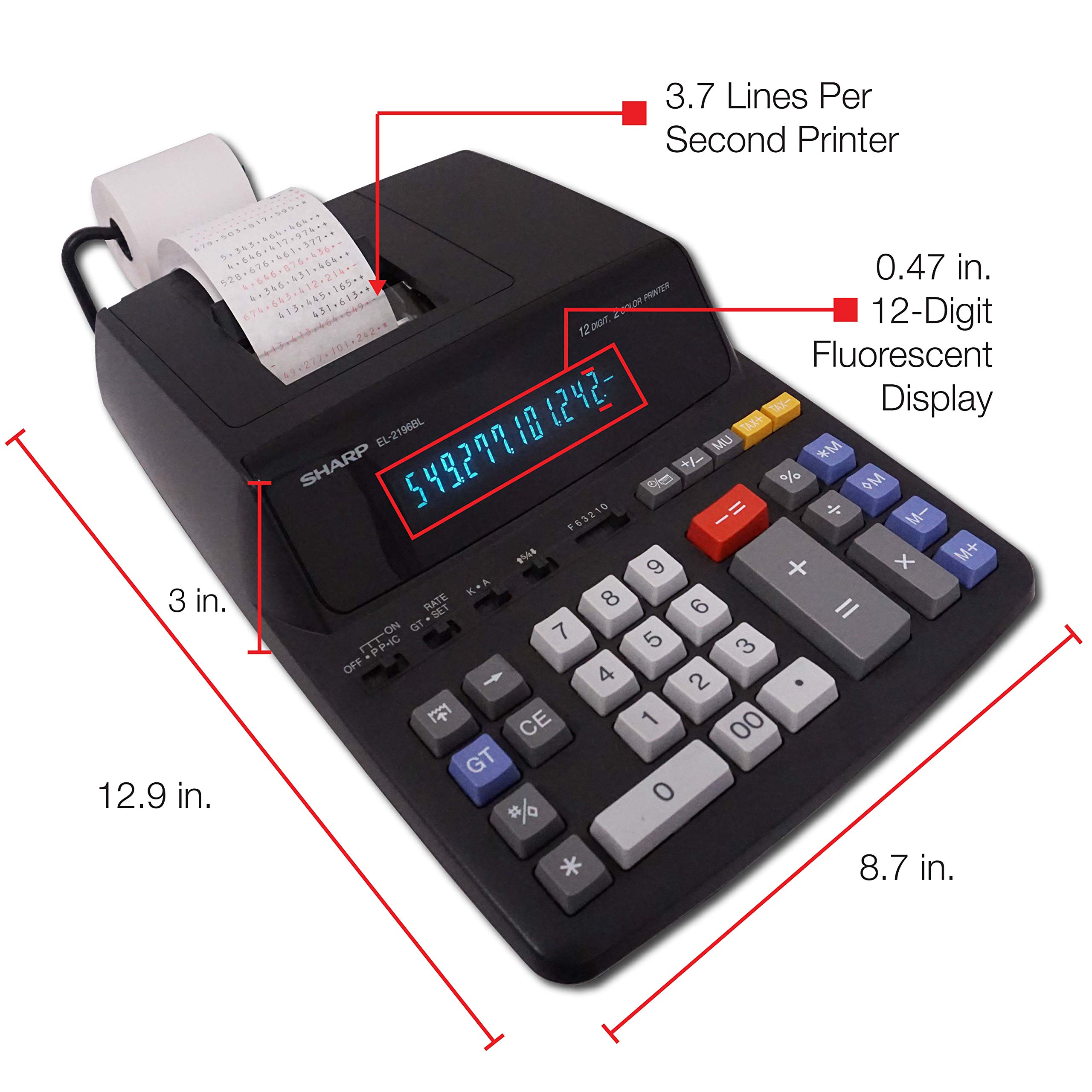 Sharp 12-Digit Print Calculator Desktop Size Adding Machine, Perfect for Everyday Use and Office, Bright, Large Easy-to-Read Numbers on Both The Display and The Two-ColorPrinted Tape (EL2196BL)