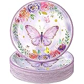 Zopeal 60 Pieces Butterfly Paper Plates Bulk 9 Inch Spring Floral Flower Party Purple Dinner Plates for Girls Butterfly Themed Baby Shower Birthday Party Supplies