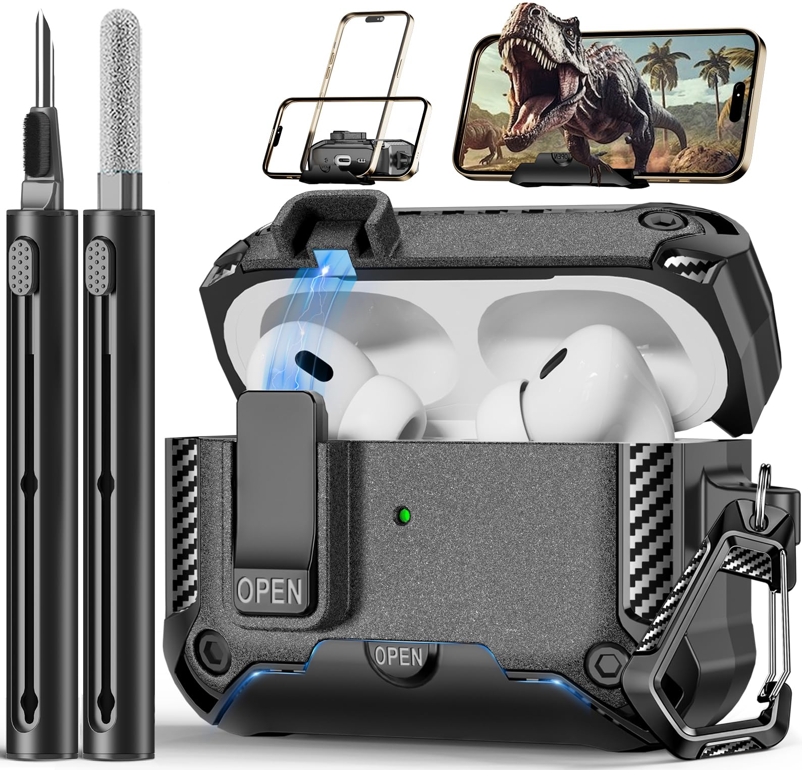 Polislime for AirPods Pro 2nd/1st Case with Phone Stand,(Automatic Snap Switch Lock) Carbon Fiber Texture Design Cover with Cleaner Kit -Grey