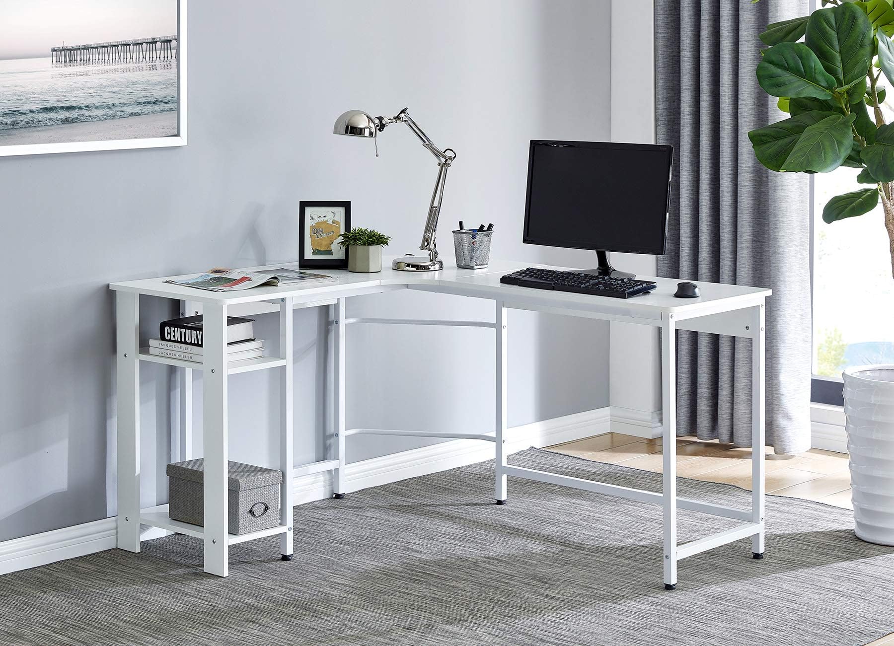 Fineboard Home Office L Shaped Computer Desk with 2 Shelves, White