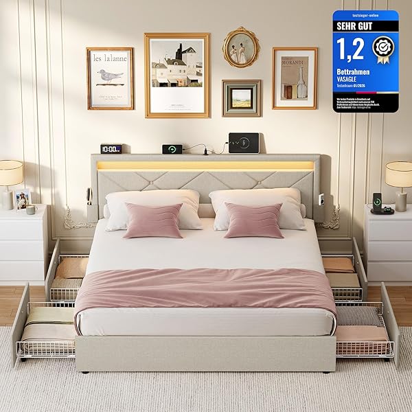 VASAGLE Doppelbettgestell, Bettgestell, 140 x 200 cm, LED, Metallbett, 4 Schubladen, Ladestation, verstellbares gepolstertes Kopfteil, cappuccinobeige RMB827LH01