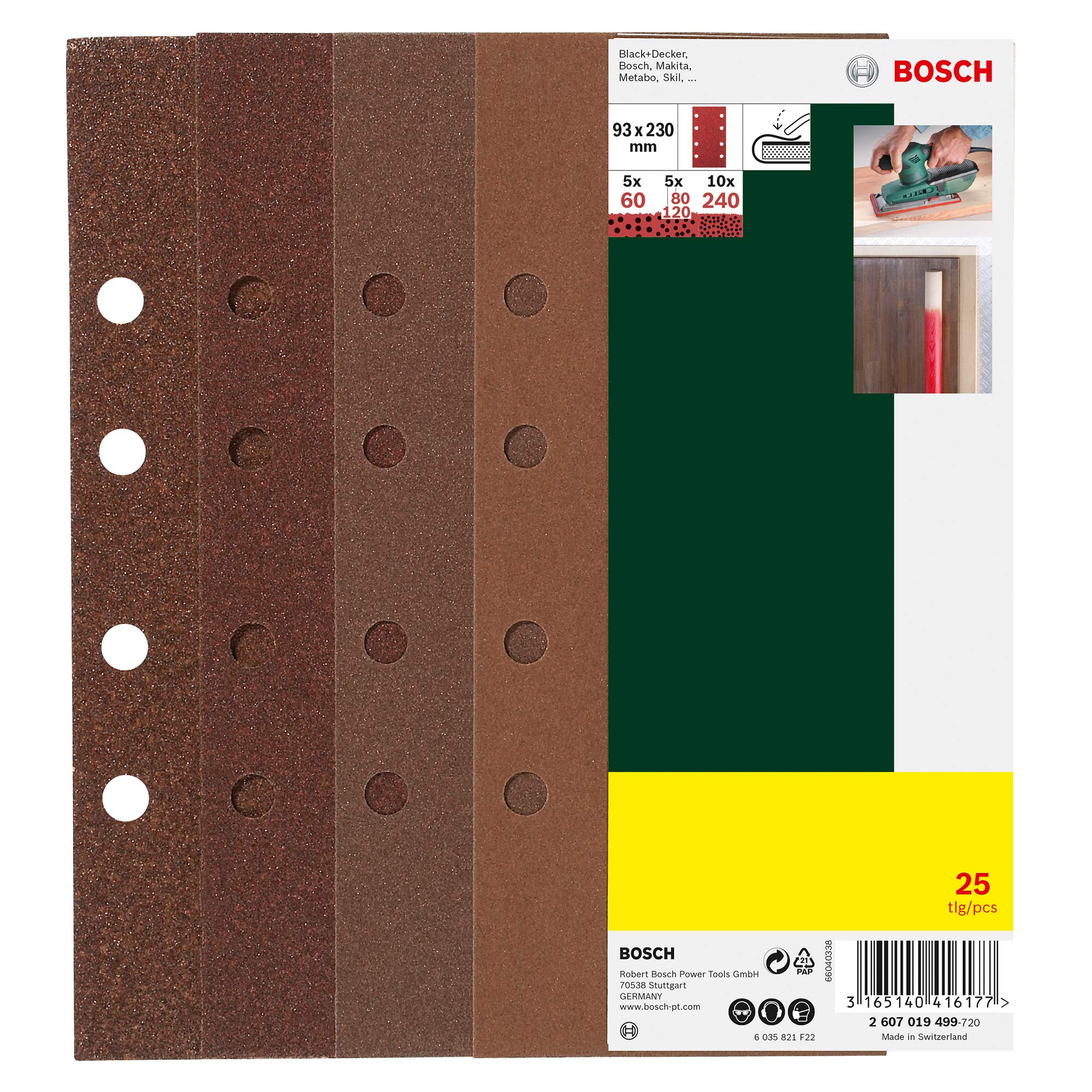 Bosch 25x Mixed Sanding Sheets (Grit 60/80 / 120/240, 8 holes, 93 x 230 mm, Accessories for Orbital Sanders)