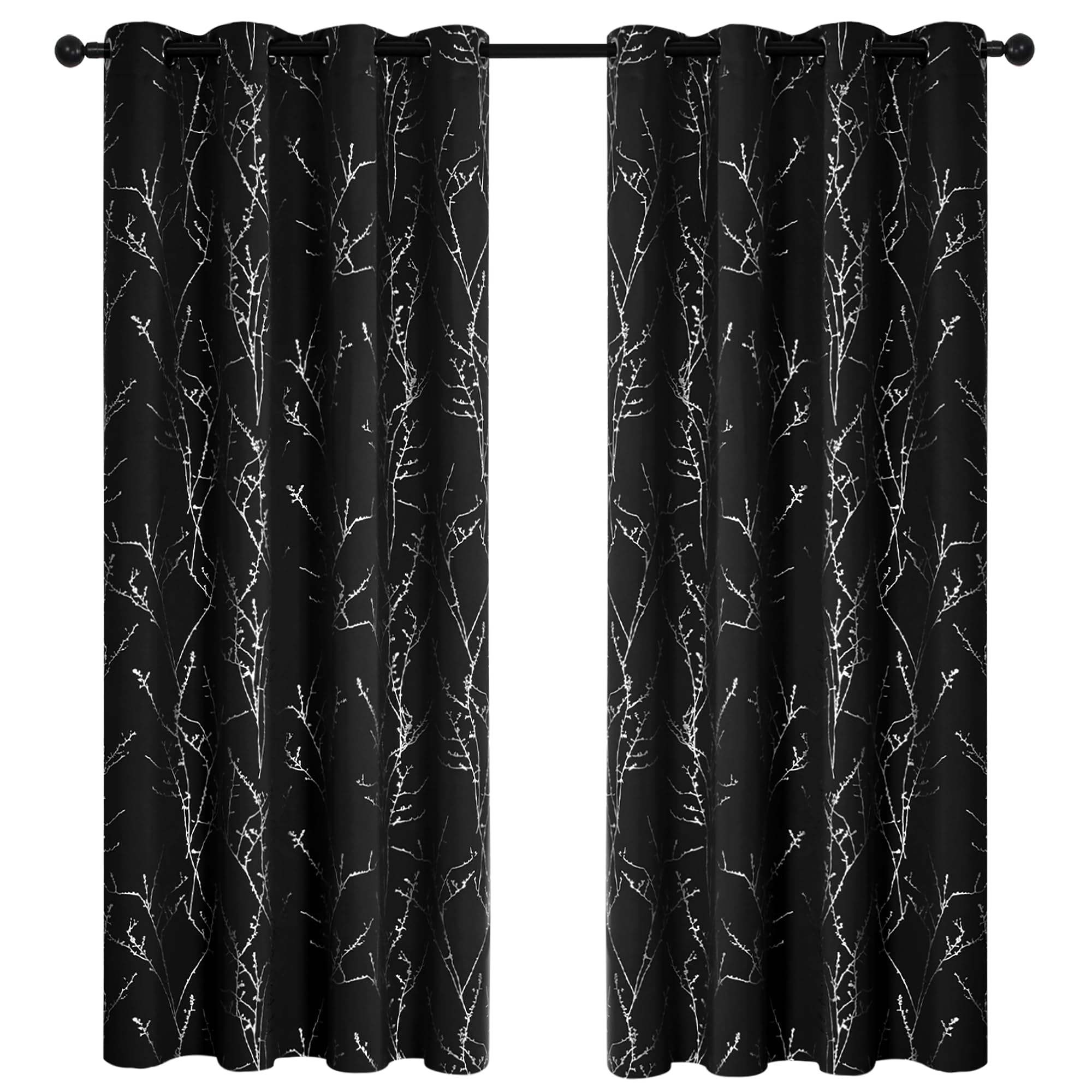 Deconovo Blackout Curtains Eyelet, Silver Tree Branches Printed Curtains for Nursery, Black, 52 x 63 Inch (Width x Length), 2 Panels