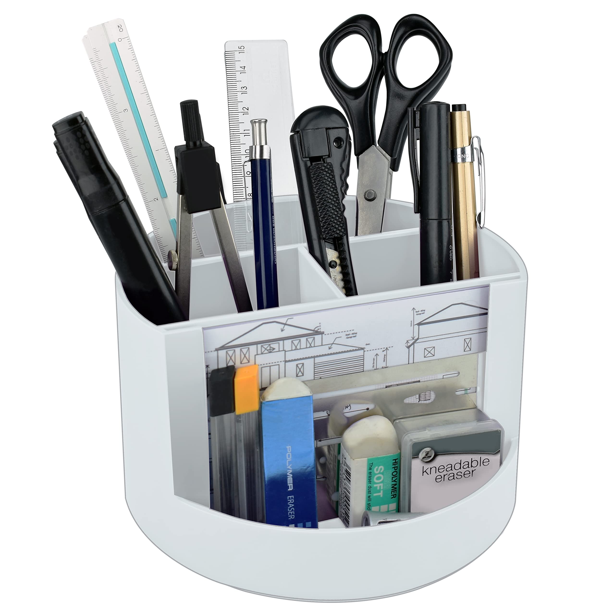 Acrimet Compact Desktop Organizer, 4 Spacious Slots, Round Pencil and Accessories Holder with Photo Slot, Ideal for Office, Art Supplies, Vanity Storage, and Home Organization (White Plastic)