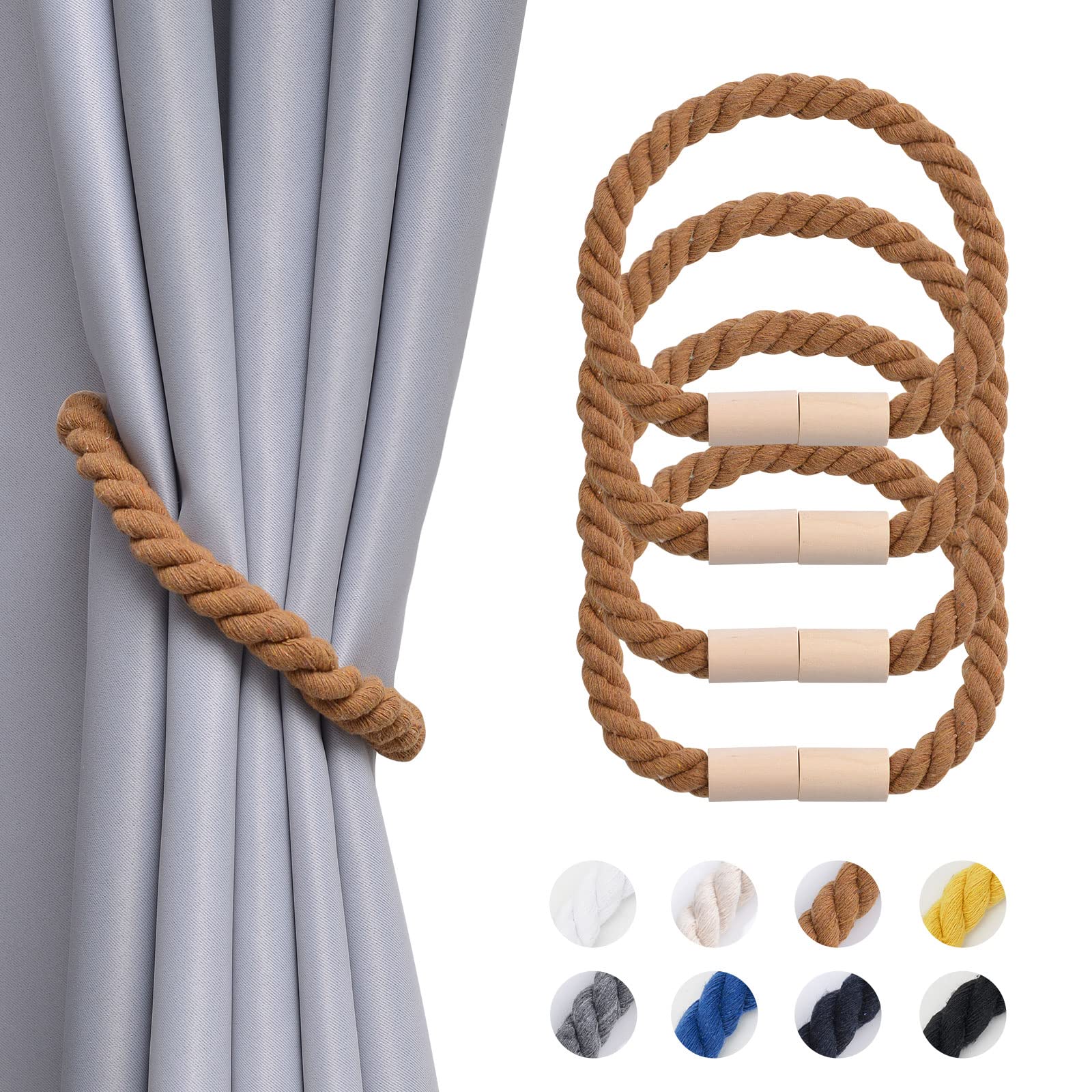 Pretty Jolly 4 Pack Wooden Magnetic Curtain Tiebacks Boho Home Decoration Drape Tie Backs Natural Cotton Handmade Rope Curtain Holdbacks for Thin or Thick Home & Office Window Drapery (Coffee)
