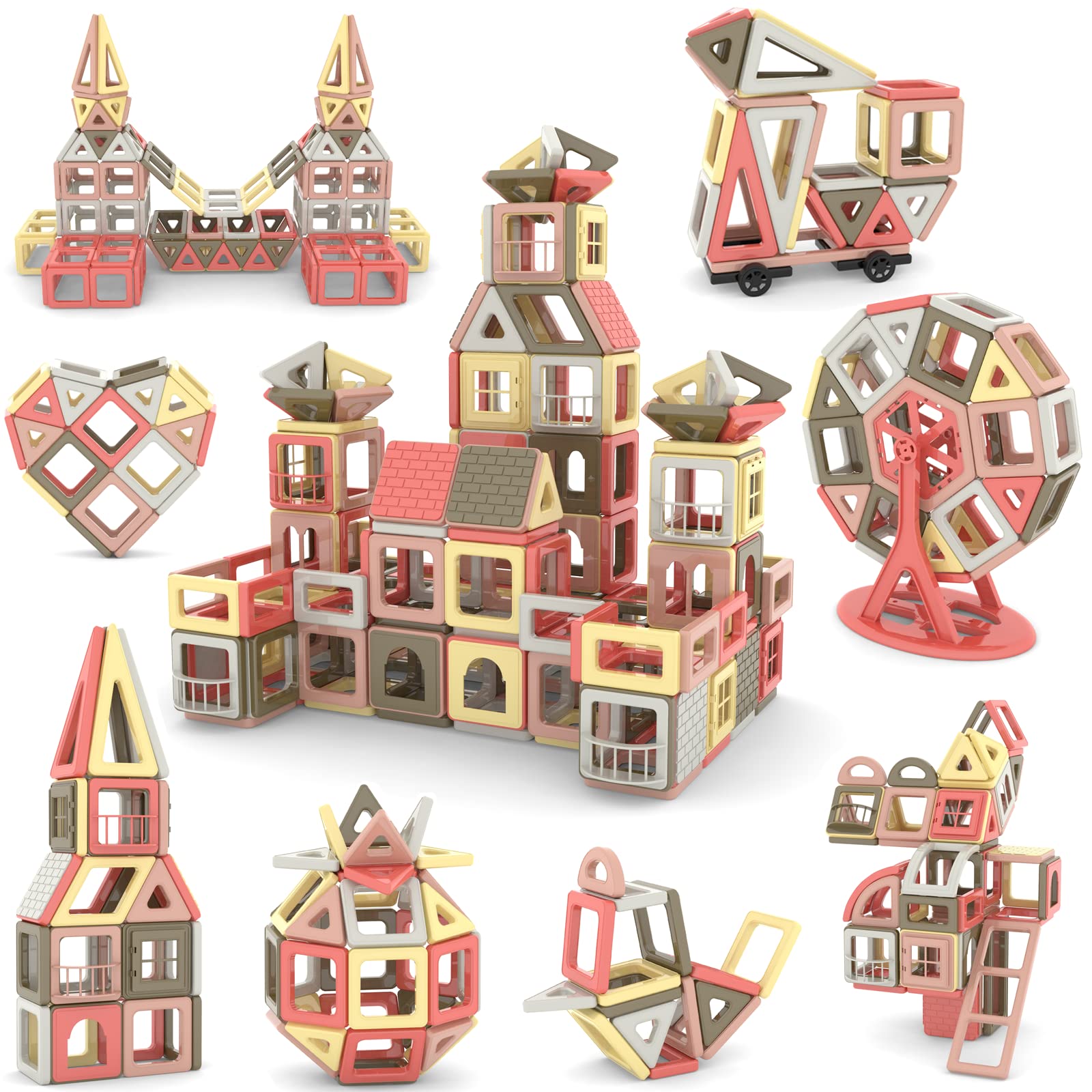 AOMIKS 173Pcs Magnetic Tiles 3D Mini Magnet Blocks for Kids Educational Inspirational Learning & Creativity STEM Building Toys for Kids Ages 3 Years + (Morandi Color)