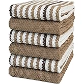 Premium Kitchen Towels (16”x 26”, 6 Pack) | Large Cotton Kitchen Hand Towels | Popcorn Striped Design | Dish Towels | 430 GSM Highly Absorbent Tea Towels Set with Hanging Loop | Tan